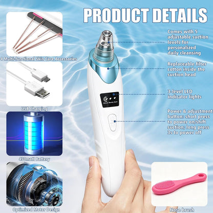 Blackhead Remover Pore Vacuum,With Nose Brush & Blackhead Needle Set, 3 Adjustable Suction Levels 5 Suction Power,5 Probes USB Rechargeable Pore Cleaner for Facial Deep Cleansing (Blue)